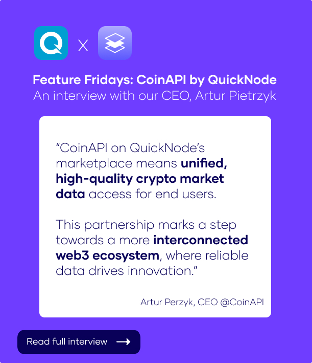 Promotional graphic for 'Feature Fridays: CoinAPI by QuickNode' presenting an interview with CEO Artur Pietrzyk. The layout includes a quote highlighting 'unified, high-quality crypto market data' and the significance of the partnership for the 'interconnected web3 ecosystem', set against a deep purple background with brand logos and an arrow pointing to 'Read full interview'.