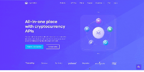 A dynamic website homepage banner showcasing 'All-in-one place with cryptocurrency APIs' with a central graphic featuring interconnected nodes representing different cryptocurrency exchanges and services. The design is modern and digital, with a vibrant purple background and interactive elements.
